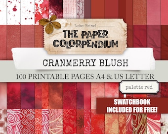 May include: A collection of red and white patterned paper sheets. The text "THE PAPER COLORPENDIUM" and "CRANMERRY BLUSH" are displayed on a vintage-style label. The image also includes the text "100 PRINTABLE PAGES A4 & US LETTER" and "SWATCHBOOK INCLUDED FOR FREE!"