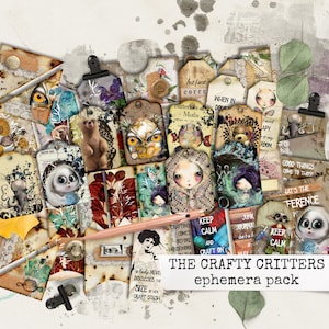 the CRAFTY CRITTERS - ephemera pack, us letter, digital printable junk journal ephemera  8,5x11