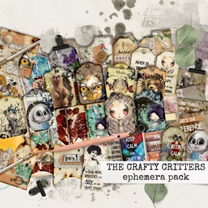 the CRAFTY CRITTERS - ephemera pack, us letter, digital printable junk journal ephemera  8,5x11