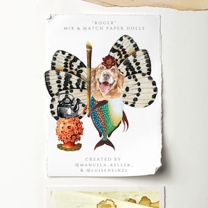 May include: A paper doll illustration of a dog with butterfly wings, a fish tail, and a teapot. The dog is wearing a red flower on its head. The text "ROGER" and "MIX & MATCH PAPER DOLLS" is at the top of the image. The text "CREATED BY @MANUELA_KELLER_ & @LUISEHEINZL" is at the bottom of the image.