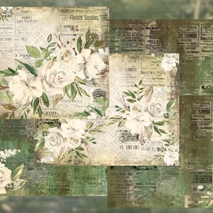 May include: A collage of vintage newspaper clippings with white roses and green leaves. The text on the newspaper clippings includes "Florists' Supplies", "Cut Flowers", "Wholesale Flower Paris", and "AN AHEAD!"