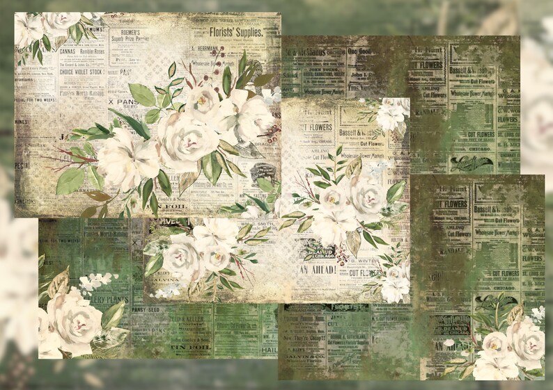 May include: A collage of vintage newspaper clippings with white roses and green leaves. The text on the newspaper clippings includes "Florists' Supplies", "Cut Flowers", "Wholesale Flower Paris", and "AN AHEAD!"