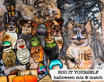 May include: A collage of Halloween-themed paper cutouts, including owls, bats, and other spooky characters. Two orange pumpkins and a black spider are also present. The text "BOO IT YOURSELF halloween mix & match" is visible.