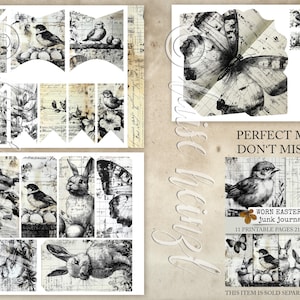 May include: A set of 11 printable black and white journal pages featuring a worn Easter ledger theme. The pages include images of butterflies, birds, rabbits, and eggs. The text "Worn Easter Ledger Junk Journal Pages" is included on the page.