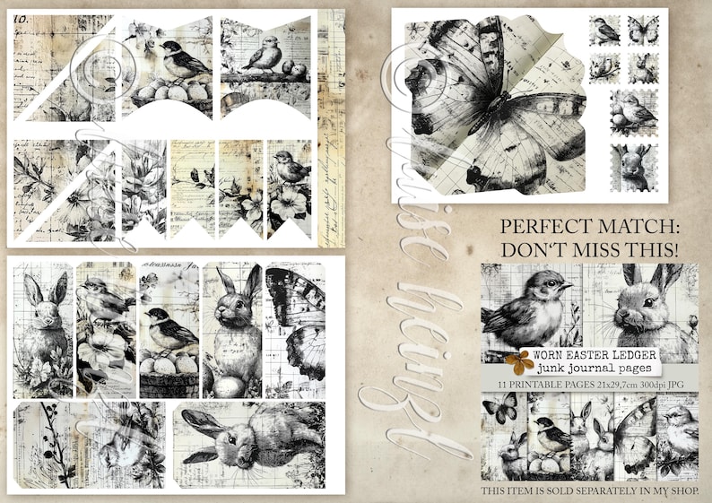 May include: A set of 11 printable black and white journal pages featuring a worn Easter ledger theme. The pages include images of butterflies, birds, rabbits, and eggs. The text "Worn Easter Ledger Junk Journal Pages" is included on the page.