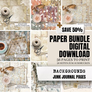 Paper BUNDLE SAVE 50% - junk journal backgrounds, collage paper, digital download, 56 sheets to print for your handmade junk journal