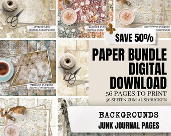 Papel BUNDLE AHORRO PRECIO I fondo, papel collage, papel floral, descarga digital, descarga digital de 56 páginas para diario basura