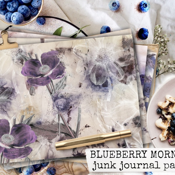 digital printable junk journal pages, blueberry morning, paper for journals, diarys, scrapbook, digital collage sheets, instant download