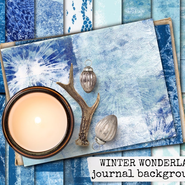 winter wonderland junk journal background pages, collage sheets digital download, blue paper for junk journals & scrapbook