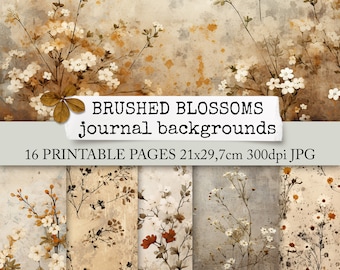 BRUSHED BLOSSOMS brown flowers background papers for junk journal & scrapbook, card making, digital download, collage sheets 21x29,7