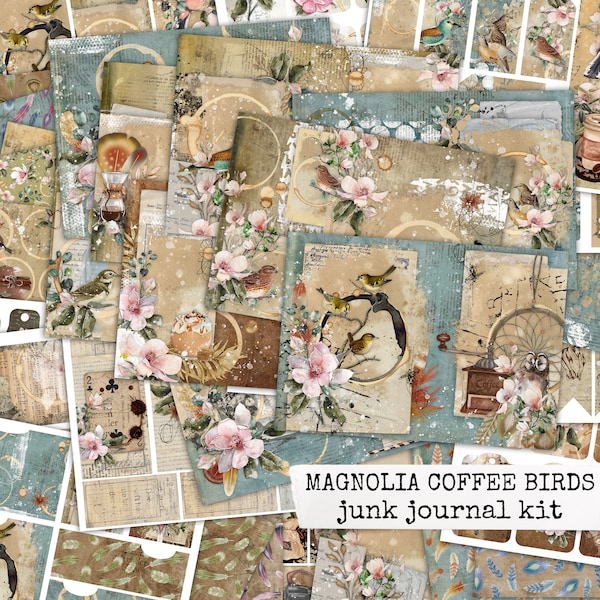 MAGNOLIA COFFEE BIRDS junk journal kit, magnolia paper, birds printable, coffee scrapbooking journal, paper craft kit