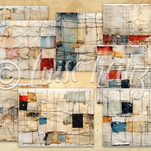 May include: Abstract art collage with a grid pattern and layered paper textures in shades of blue, red, brown, and white.