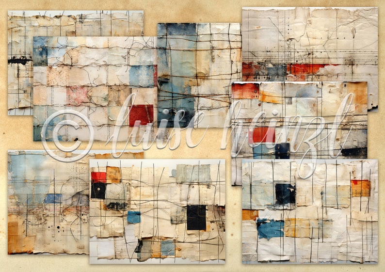 May include: Abstract art collage with a grid pattern and layered paper textures in shades of blue, red, brown, and white.