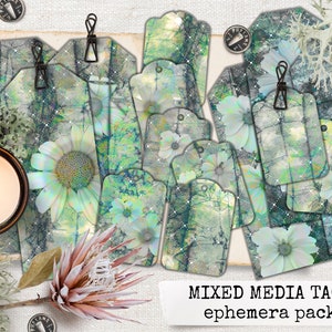 MIXED MEDIA flower tags, giant tags, junk journal ephemera, digital printable ephemera for journaling & scrapbooking  8,5x11