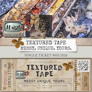 Könnte beinhalten: Eine künstlerische Collage mit strukturierten Klebebandmustern in verschiedenen Mustern und Farben. Das Bild enthält eine Vintage-Fernsehgrafik mit dem Text "Hainzl TV" und den Worten "TEXTURED TAPE, MESSY. UNIQUE. YOURS."