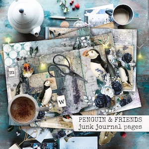 PENGUIN & FRIENDS vintage penguin digital junk journal paper, scrapbook penguin, descargar libros impresos hechos a mano 21x29,7
