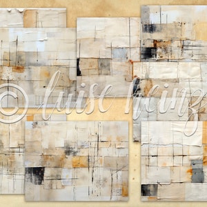 May include: Abstract art painting with a collage style, featuring layers of white, beige, and brown paper with black lines and a few areas of dark gray. The artist's signature, "Louise Heinzl", is visible in the center of the image.