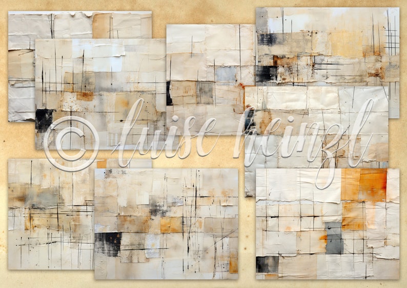 May include: Abstract art painting with a collage style, featuring layers of white, beige, and brown paper with black lines and a few areas of dark gray. The artist's signature, "Louise Heinzl", is visible in the center of the image.