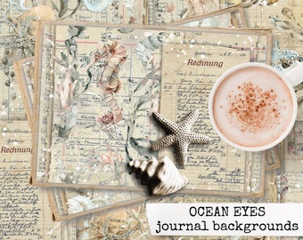 OCEAN EYES journal backgrounds, digital printable pages with seahorses, instant download for junk journal, scrapbook, notebooks