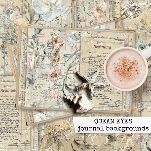 OCEAN EYES vintage Seepferdchen Junk Journal Seiten, digitales Papier zum herunterladen und ausdrucken DIN A4, Collage Papier, Hintergrund