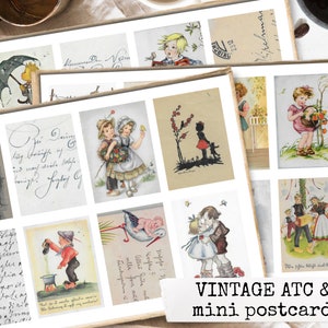 VINTAGE ATC mini postcards, journal printable, junk journal, ephemera, journaling cards, digital kit, vintage girls children 21x29,7