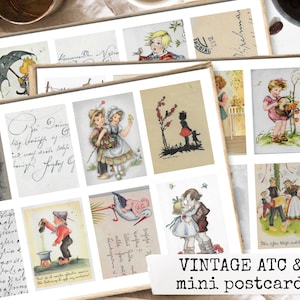 VINTAGE ATC mini postcards, journal printable, junk journal, ephemera, journaling cards, digital kit, vintage girls children 21x29,7