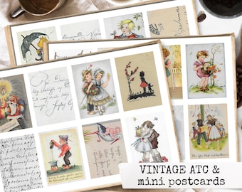 VINTAGE ATC mini postcards, journal printable, junk journal, ephemera, journaling cards, digital kit, vintage girls children 21x29,7