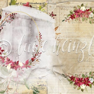 Op de afbeelding: Een digitaal papierpakket met een vintage esthetiek met een krans van rode bessen, groene bladeren en witte bloemen. De achtergrond is een verweerd, verouderd papier met handgeschreven tekst en een watermerk.