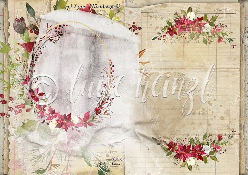 Op de afbeelding: Een digitaal papierpakket met een vintage esthetiek met een krans van rode bessen, groene bladeren en witte bloemen. De achtergrond is een verweerd, verouderd papier met handgeschreven tekst en een watermerk.