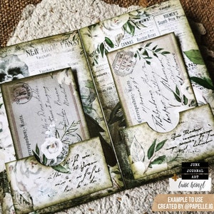 May include: A green and white scrapbook page with a floral design. The page has several pockets and flaps, and it is decorated with vintage-style ephemera, including a postcard, a stamp, and a piece of lace. The text "Correspondenz-Karte" is visible on the page.