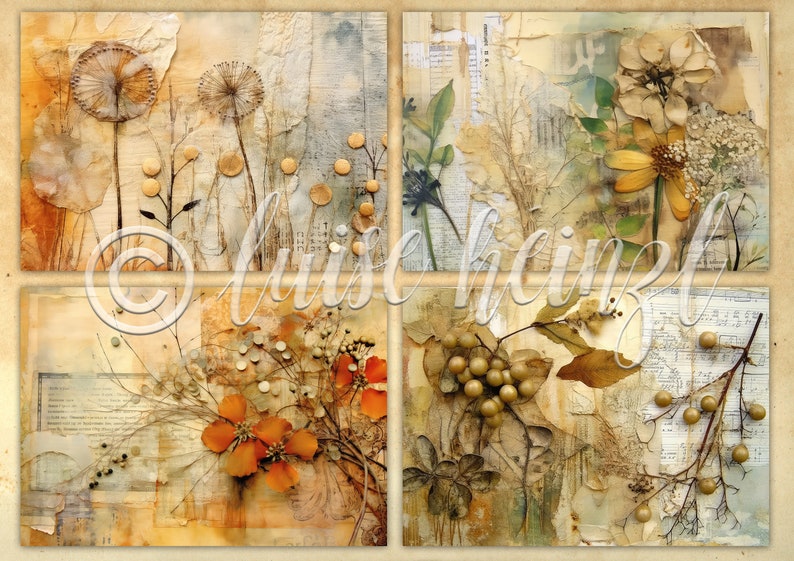 DRIED GATHERINGS junk journal pages, dried flowers and botanicals, eco dyed backgrounds for junk journals, collage sheets 21x29,7 image 3