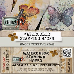 Könnte beinhalten: Einzelkarte für Aquarell-Stempel-Hacks mit Schmetterlingskunst. Die Karte zeigt den Text "Watercolor Stamping Hacks" und "#4 Stamp & Smash Experiments". Enthält eine Retro-TV-Grafik und einen QR-Code.