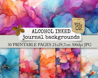 ALCOHOL INKED farbenfrohe junk journal Seiten, Hintergrundseiten mit Alkohol Ink, digitale prints Tinte, Papier für Collage, Basteln 21x29,7