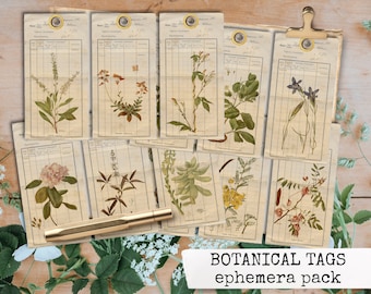 BOTANICAL TAGS EPHEMERA pack us letter & din a4, botanical print set, ephemera for junk journals, vintage botanical tags, journaling cards