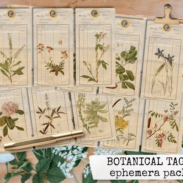 BOTANICAL TAGS EPHEMERA pack us letter & din a4, botanical print set, ephemera for junk journals, vintage botanical tags, journaling cards