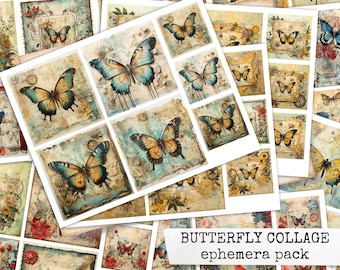 Paquete de efímeras BUTTERFLY COLLAGE, efímeras de diario basura vintage de mariposas, descarga digital de tarjetas para cuadernos, álbumes de recortes, 8.5x11