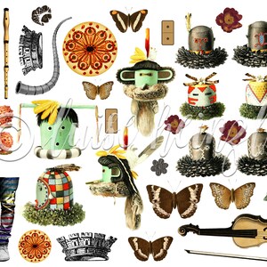 May include: A colorful collage of whimsical illustrations featuring butterflies, musical instruments, masks, and other decorative elements. The collage is set against a white background.