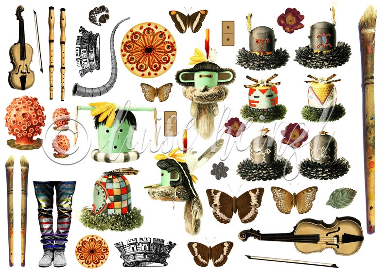 May include: A colorful collage of whimsical illustrations featuring butterflies, musical instruments, masks, and other decorative elements. The collage is set against a white background.