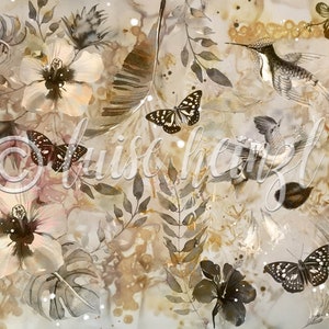 May include: A watercolor painting featuring a hummingbird, butterflies, and flowers in shades of brown, beige, and white. The background is a light beige with brown splotches.