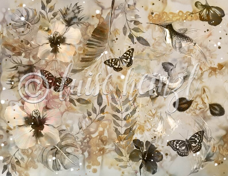 May include: A watercolor painting featuring a hummingbird, butterflies, and flowers in shades of brown, beige, and white. The background is a light beige with brown splotches.