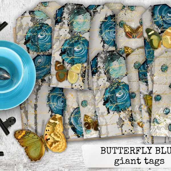 junk journal ephemera pack butterfly blue, digital printable sheets, grunge damask ephemera for junk journal, bullet journal & scrapbook