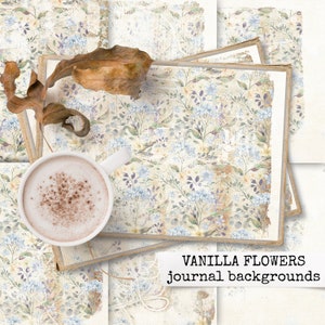 Könnte beinhalten: Ein Stapel Vintage-Journalseiten mit einem floralen Muster in Blautönen, Grün und Gelb. Die Seiten haben einen abgenutzten, gealterten Look und sind perfekt zum Scrapbooking oder Journaling. Der Text "VANILLA FLOWERS journal backgrounds" ist unten im Bild gedruckt.