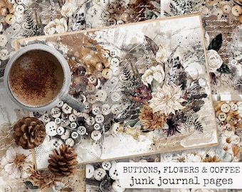 BUTTONS, FLOWERS & COFFEE Buttons, Flowers, Coffee Junk Journal Pages, Digital Paper f. Journals, Collages, Maps, Descargar 21x29,7