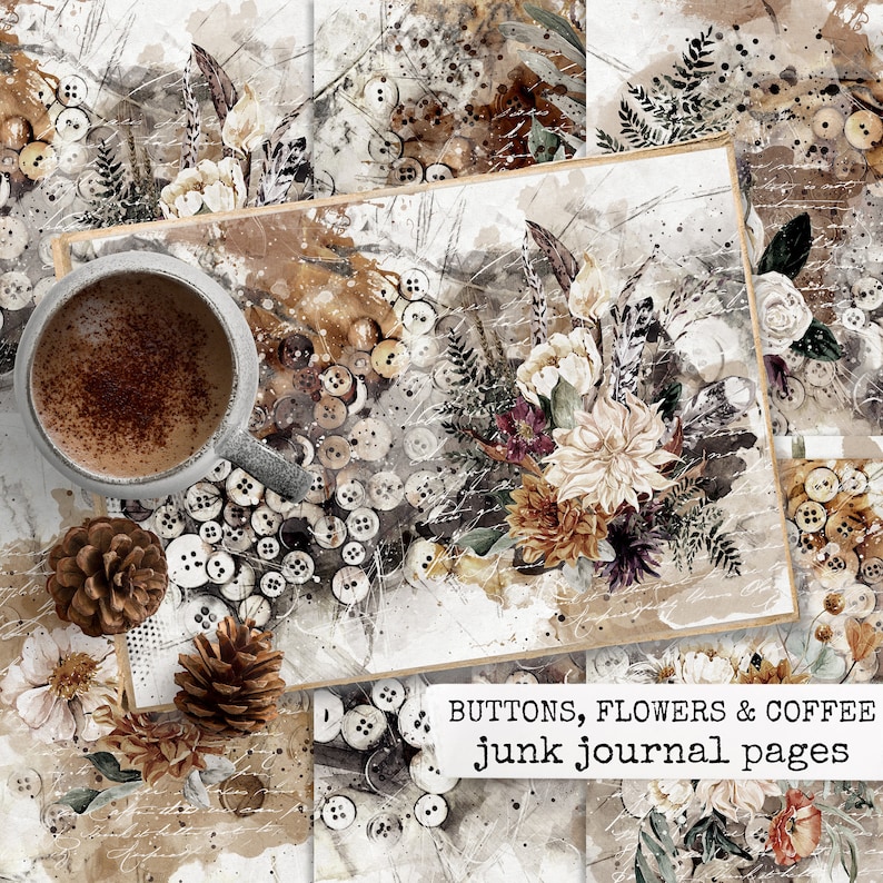 buttons, flowers, coffee junk journal pages, digital paper for journal making, scrapbooking, collage, cardmaking, instant download, 21x29,7 image 1