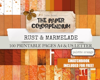 May include: A collection of orange and rust-colored printable paper pages. The text on the image reads "THE PAPER COLORPENDIUM" and "RUST & MARMELADE". The image also states "100 PRINTABLE PAGES A4 & US LETTER" and "SWATCHBOOK INCLUDED FOR FREE!"