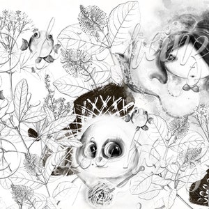 May include: Black and white illustration of a panda bear with large eyes, surrounded by stylised leaves and flowers. A woman's face is partially visible in the background.