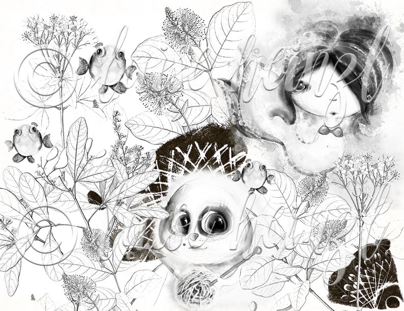 May include: Black and white illustration of a panda bear with large eyes, surrounded by stylised leaves and flowers. A woman's face is partially visible in the background.