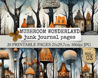 MUSHROOM WONDERLAND VOL. 3 junk journal pages, paper, winter forest, digital newspaper, diary, Scrapbook, digital printable Download 21x29,7