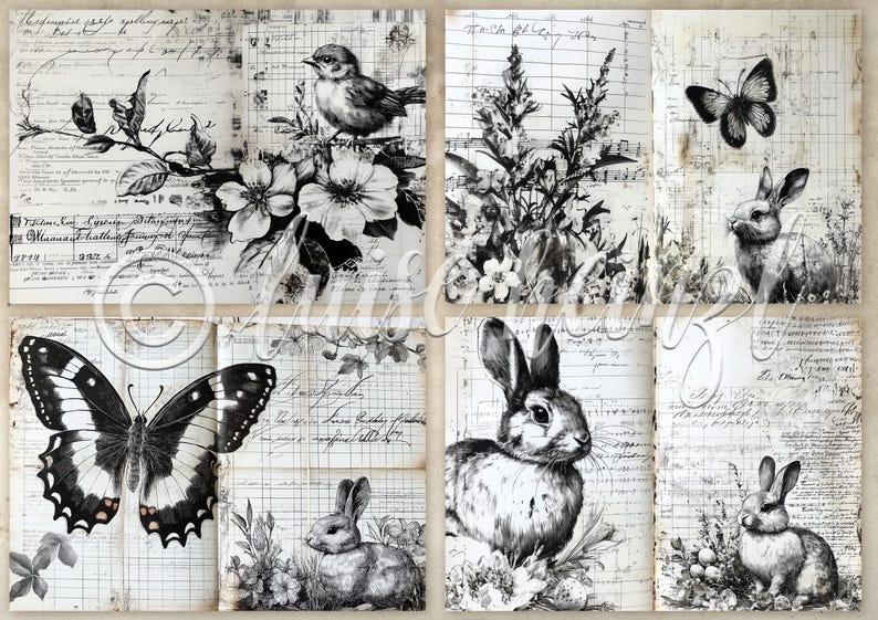 K&ouml;nnte beinhalten: Schwarz-Wei&szlig;-Collage mit Illustrationen von V&ouml;geln, Schmetterlingen, Kaninchen und floralen Elementen. Das Kunstwerk ist vor einem Hintergrund aus Vintage-Papier mit handschriftlichem Skript und Rasterlinien angeordnet.