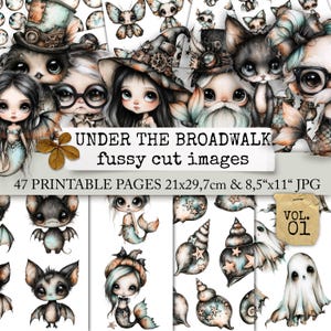 Könnte beinhalten: Eine digitale Sammlung von 47 druckbaren Seiten mit dem Titel UNDER THE BROADWALK fussy cut images, die Illustrationen von Meerjungfrauen, Fledermäusen, Geistern und Muscheln in 21x29,7cm und 8,5x11 Zoll JPG-Formaten enthält, beschriftet als Vol. 01.